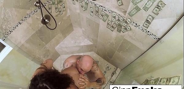  Sexy hot stripper fucks in a steamy shower filled with money